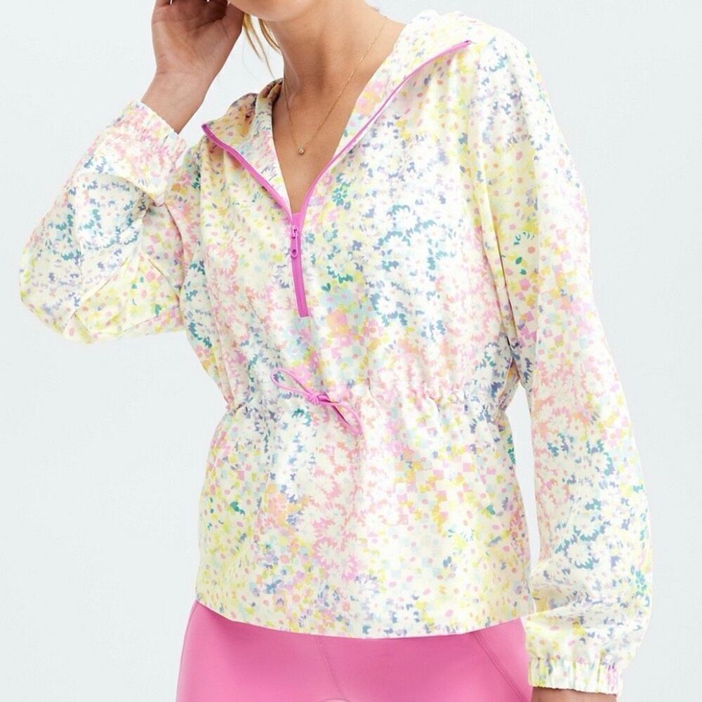 Fabletics Rosa Woven Jacket Patchwork Daisy Lightweight Wicking White Pink XS